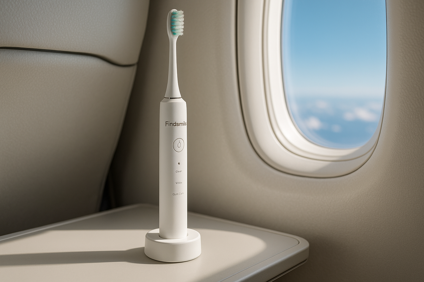 White electric toothbrush on a plane tray table with a window view.