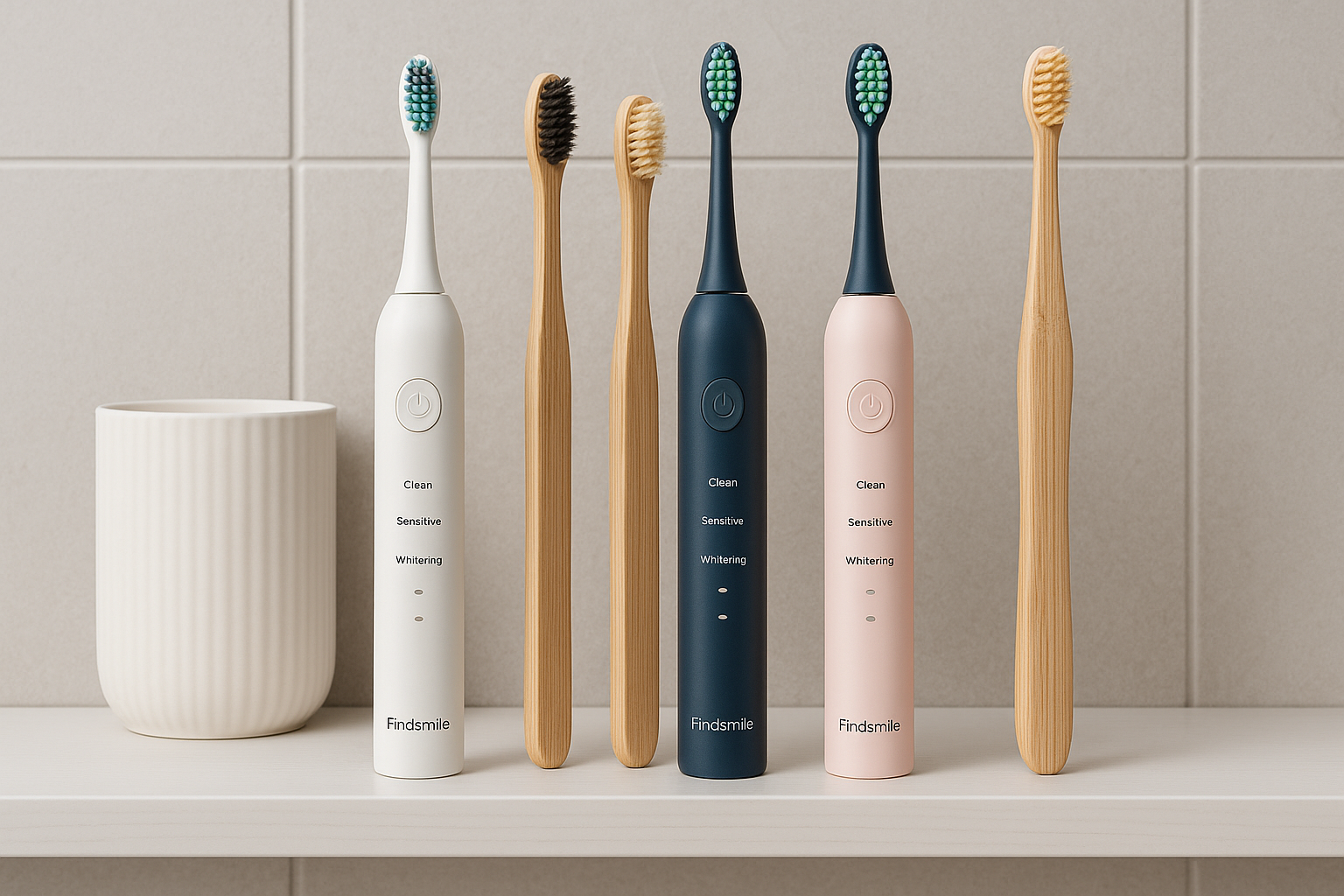 Set of electric and manual toothbrushes on a bathroom shelf with a neutral background