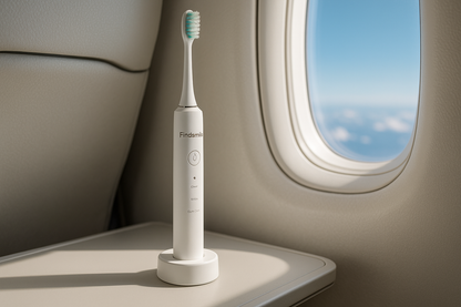 White electric toothbrush on a plane tray table with a window view.