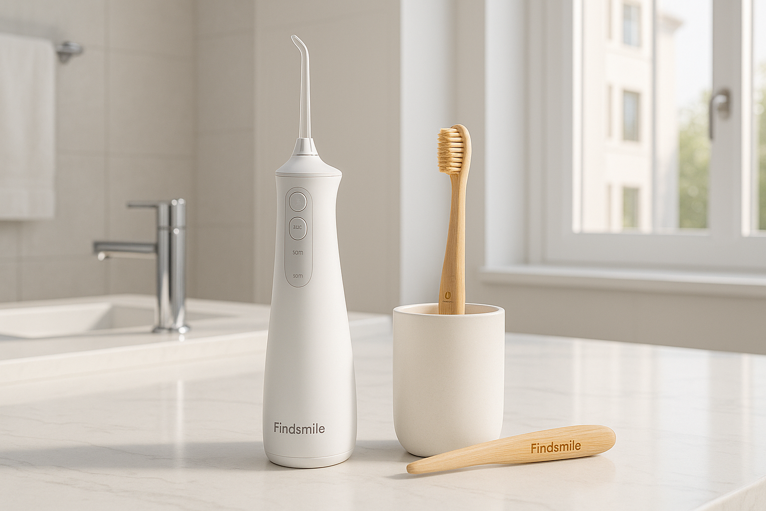 White dental water flosser and bamboo toothbrush on a bathroom counter with Findmile branding.